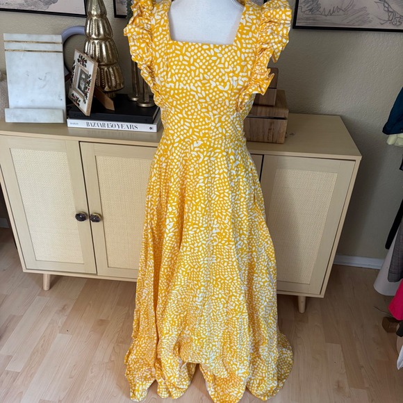 SIKA ANTHROPOLOGIE Marigold Ruffled Maxi Dress Spot Size 8P - Picture 3 of 11